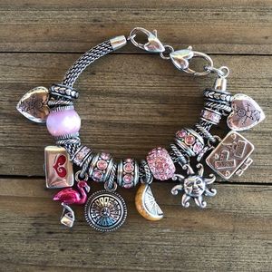 Brighton Pink & Silver Plated Slide Charm Bracelet 17 Charms! EUC